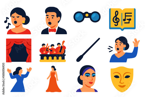 Opera Icon Set. чFlat vector icons of opera performance: soprano singer, tenor voice, opera glasses, music score, velvet curtain,