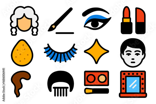 Opera Makeup Icons. Flat vector icons of opera makeup and wigs: powdered wig, eyeliner brush, dramatic eyeshadow, red lipstick,
