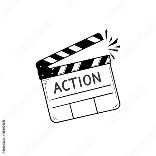Movie clapperboard doodle sketch illustration with action text and film design