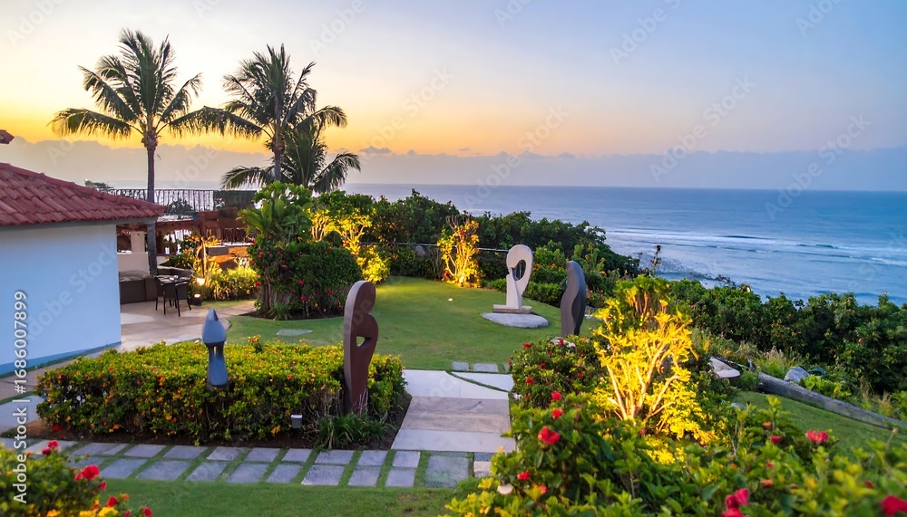Fototapeta premium Tropical paradise garden at sunset