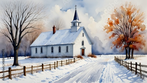 Snow-Covered Church in Winter Landscape Watercolor Painting