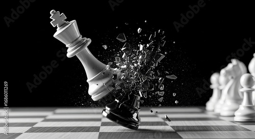 Dramatic monochrome image shows the white king chess piece shattering a black one during game play