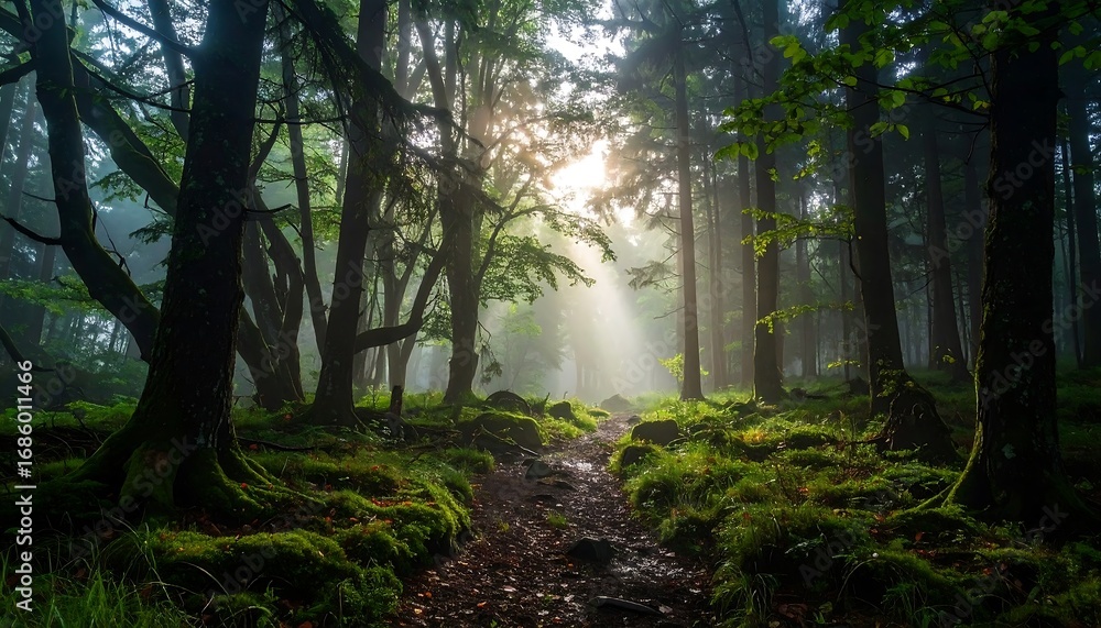 Fototapeta premium Sun rays filter through trees in a lush green forest; pathway in the foreground