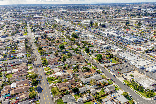 Buena Park, Orange County, CA, California, February 9, 2024: Aerial Drone View toward Beach Blvd including Ken Grody Ford Buena Park, Artesia Blvd, Beach Blvd and Freeway 5 with Homes, Houses, Streets