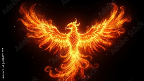 Mythological Fire Phoenix Bird in Flight - Symbol of Rebirth and Renewal
