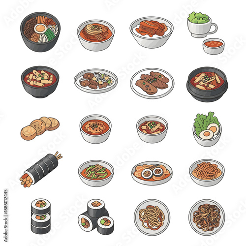 Delicious assortment of traditional Korean cuisine, featuring various popular dishes in a vibrant illustration style