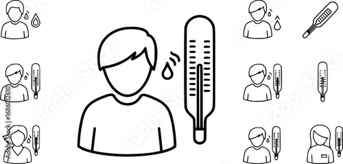 set of person with fever and thermometer outline icon vector
