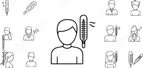 set of person with fever and thermometer outline icon vector
