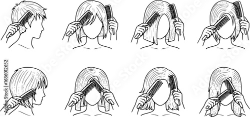 set of person combing hair outline icon vector
