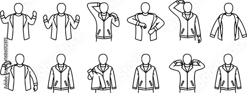 set of person putting on a jacket outline icon vector
