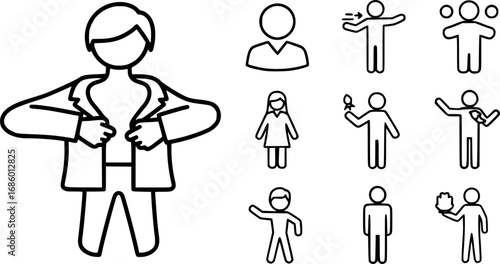set of person putting on a jacket outline icon vector
