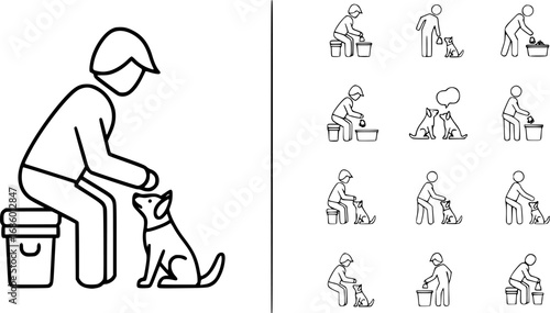 set of person feeding pet outline icon vector
