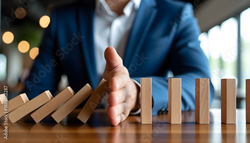 Business risk management and preventing domino effect on a table with a hand stopping the fall