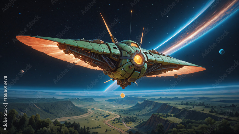 Obraz premium A large forest-patterned UFO in space