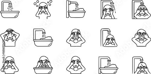 set of person washing face outline icon vector
