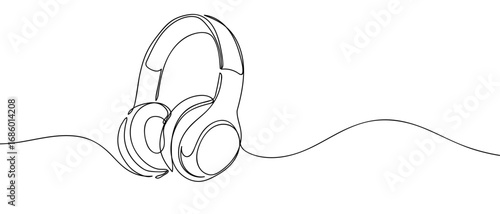 Over-ear headphones floating in the air. Continuous line art vector illustration. Editable stroke.