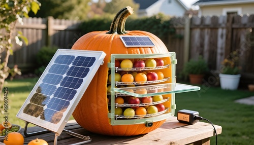 Innovative eco-friendly concept of a solar-powered fruit dehydrator built into a hollowed-out pumpkin for sustainable living