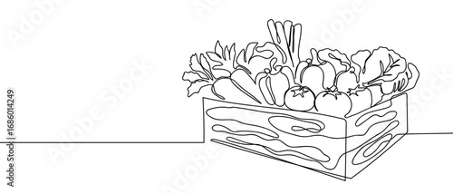 Vegetable set in wooden box, continuous line art vector illustration, stroke editable.