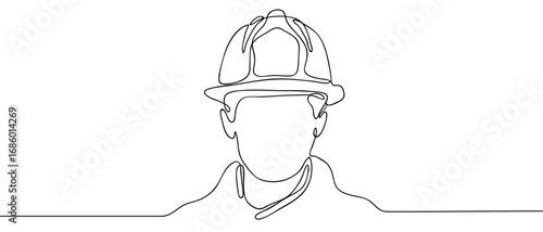 Firefighter helmet man continuous line art vector illustration. Editable stroke.