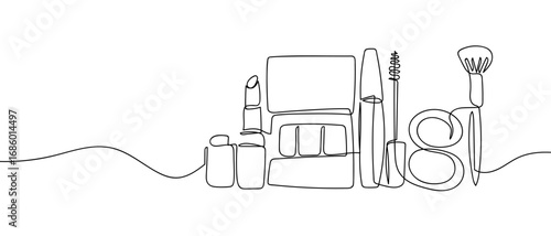 Set of makeup tools. Continuous line art vector illustration. Editable stroke.
