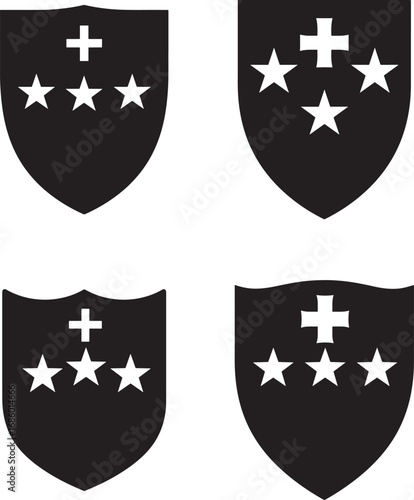 Four identical black shield emblems with stars and cross silhouette
