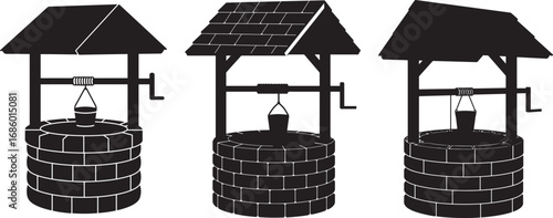 Three traditional wishing wells in a row silhouette