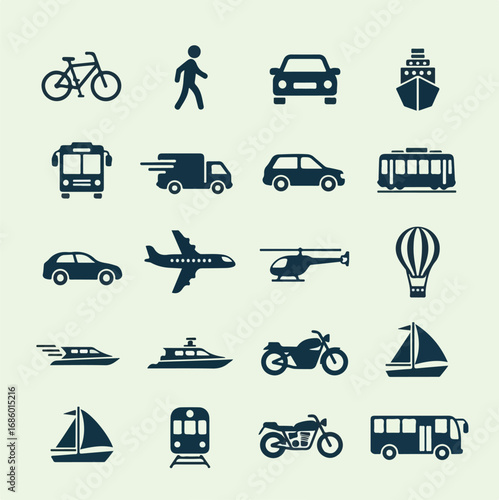 Comprehensive set of flat design transport icons, showcasing various modes of land, air, and water vehicles for logistics and travel concepts