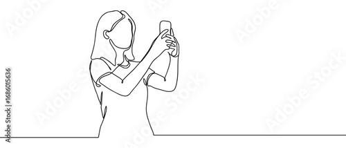 Woman taking photo with smartphone. Continuous line art vector illustration. Editable stroke.