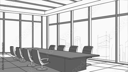 Modern Office Conference Room with City View Sketch Illustration.