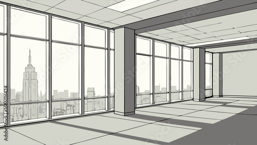 Modern Office Interior with City View Panoramic Windows Skyscraper Illustration Urban Landscape Empty Room Design Architectural Drawing High Rise Building Office Space Business Background Corporate I.