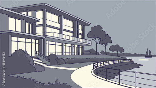 Modern Waterfront Home Architectural Illustration Seaside Property Design Evening Scene.