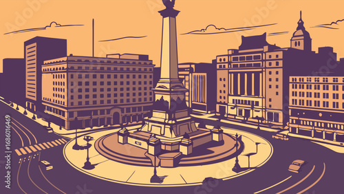 Monumental Cityscape Urban Roundabout Vintage Style Illustration Retro City Design Architectural Landmark Transportation Downtown Area Evening Skyline Street Scene Traffic Circle Tall Buildings Citys.