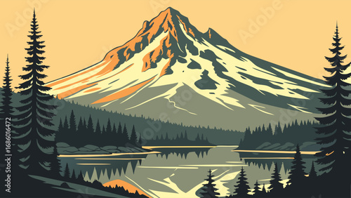 Mountain Lake Landscape Nature Scene Retro Travel Poster Design Forest Peak Sunrise Tranquil Scenery Adventure Illustration.