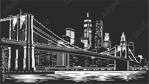 Night cityscape illustration suspension bridge skyscrapers urban landscape black and white art city skyline architectural drawing graphic design vector illustration modern city metropolis night scene.