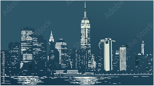 Night cityscape illustration stylized city skyline at night with illuminated skyscrapers and water reflection urban background.
