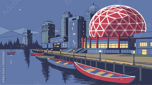 Night cityscape illustration waterfront with boats modern architecture geodesic dome twilight urban landscape vector art.