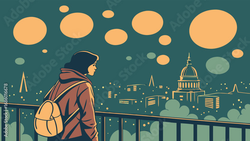 Night Cityscape Person with Backpack Contemplating Urban View at Night.
