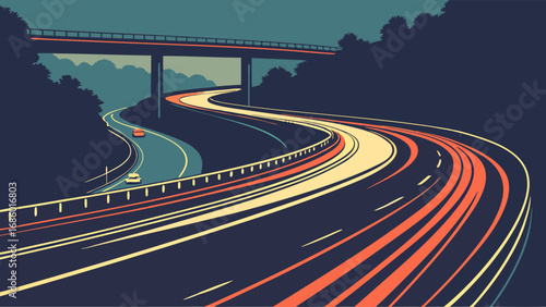 Night Highway Winding Road Cars Lights Speed Travel Transportation Abstract Vector Illustration Graphic Design Night Drive Asphalt Road Trip Journey Motion Blur Dynamic Energy Movement Curve Bridge L.