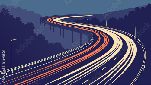 Night Highway Winding Road Traffic Lights Vector Illustration Abstract Landscape.