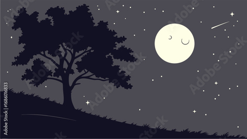 Night Landscape Silhouette Moonlit Tree Stars Night Sky Peaceful Scene Nature Illustration Vector Graphic.