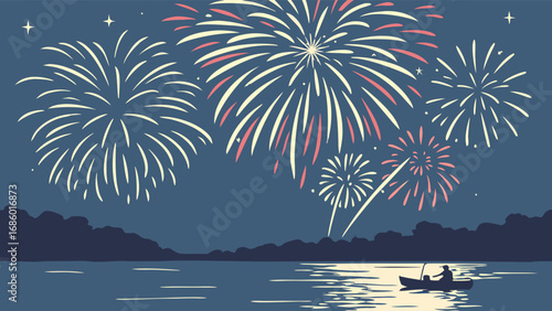 Night scene with fireworks over water person in boat celebration summer illustration.