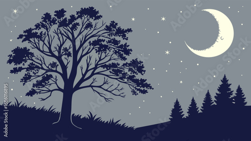 Night Sky Silhouette of Trees and Crescent Moon Peaceful Nature Illustration for Design Projects.