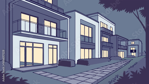 Nighttime Suburban Street Modern Houses Residential Area Evening Calm Peaceful Illustration.