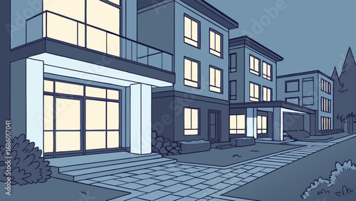Nighttime Suburban Street Scene Modern Houses Residential Area Cartoon Illustration.