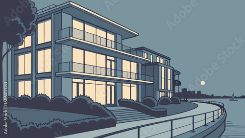 Nighttime waterfront modern building illuminated windows calm water sailboat moonlit scene architectural illustration.