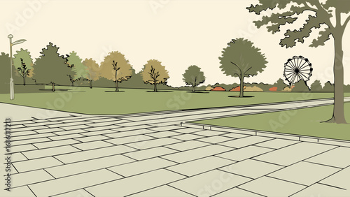 Park Pathway Landscape Design with Ferris Wheel in Background Green Trees Stone Pavement Illustration.