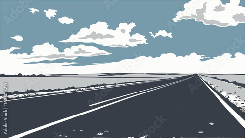 Open road scenic highway summer sky clouds landscape travel journey vacation road trip asphalt driving journey adventure freedom open space horizon blue sky white clouds countryside nature vector art.