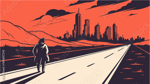 Person walking away from city on a road at sunset vector illustration graphic design.
