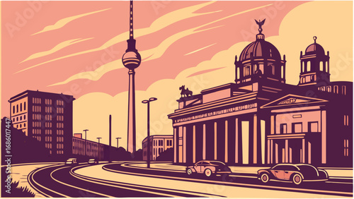Retro Cityscape Illustration Urban Architecture Vintage Cars Sunset Skyline Travel Poster Design.