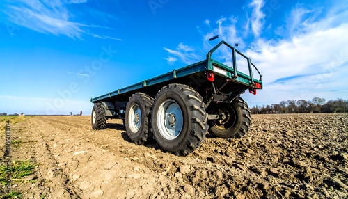 A teal-colored agricultural trailer is situated on a plowed field under a vibrant blue sky.
